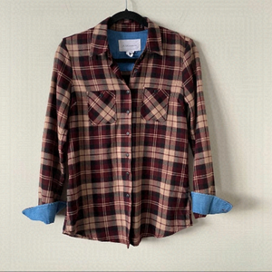 BCBG-Plaid Denim Cuff Button Down Shirt-XS